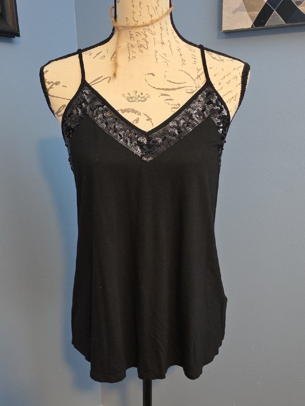 Express Black Sequin Trim Spaghetti Strap Tank